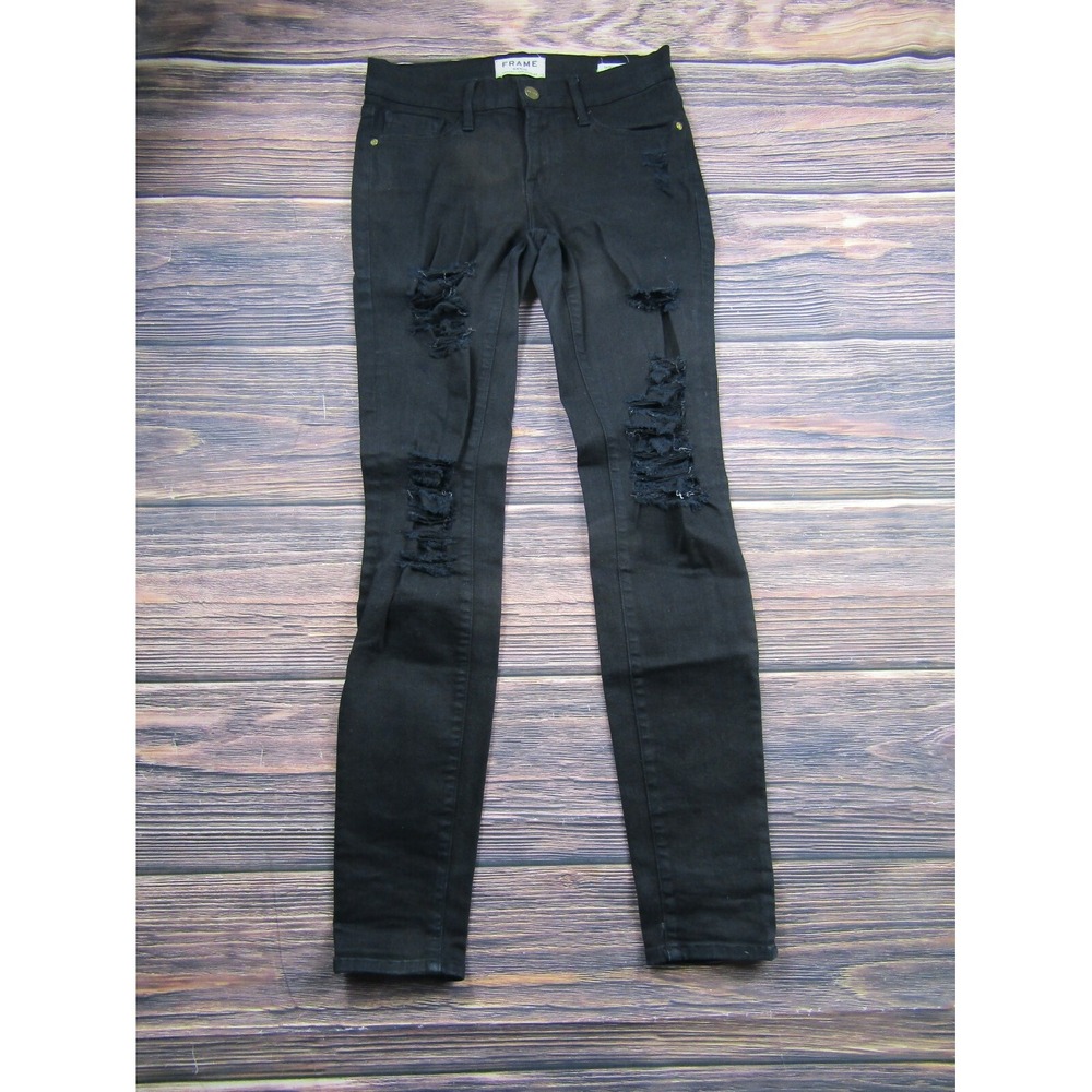 Frame Womens Size 24 Black Denim Skinny Jeans‎ Distressed Ripped Slim